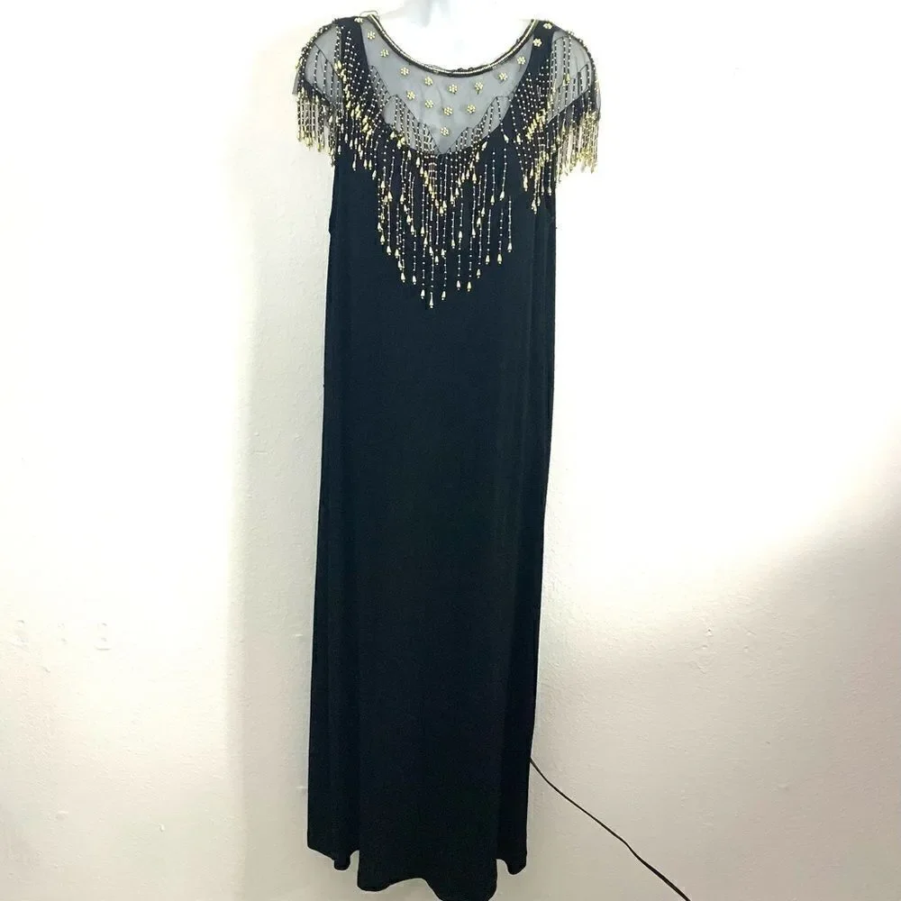 Vintage Black Christmas New Years Festive Dress w/ Gold Sheer Beaded Overlay - Picture 3 of 14